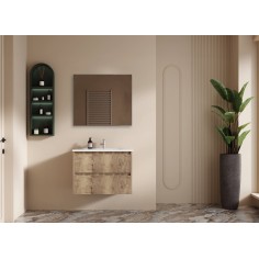 MOBILE BAGNO SOSPESO CON CASSETTI 90 CM SABBIA NODATO COMPLETO DI LAVABO E SPECCHIO