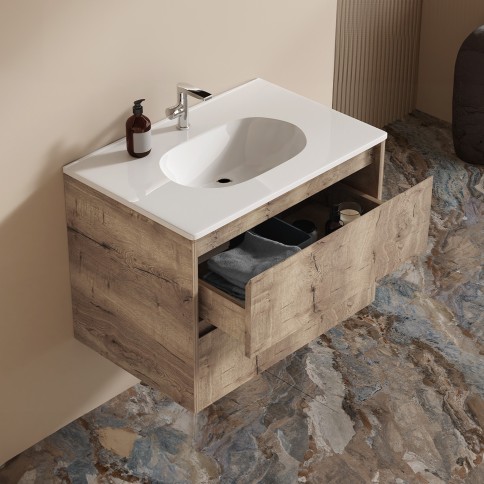 MOBILE BAGNO SOSPESO CON CASSETTI 90 CM SABBIA NODATO COMPLETO DI LAVABO E SPECCHIO