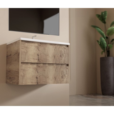 MOBILE BAGNO SOSPESO CON CASSETTI 90 CM SABBIA NODATO COMPLETO DI LAVABO E SPECCHIO