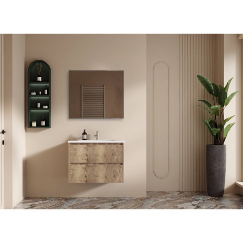 MOBILE BAGNO SOSPESO CON CASSETTI 80 CM SABBIA NODATO COMPLETO DI LAVABO E SPECCHIO