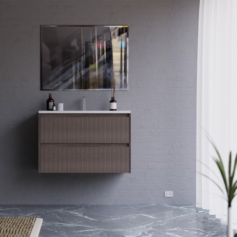 MOBILE BAGNO SOSPESO CON CASSETTI 80 CM NOCE CANNETTATO COMPLETO DI LAVABO E SPECCHIO