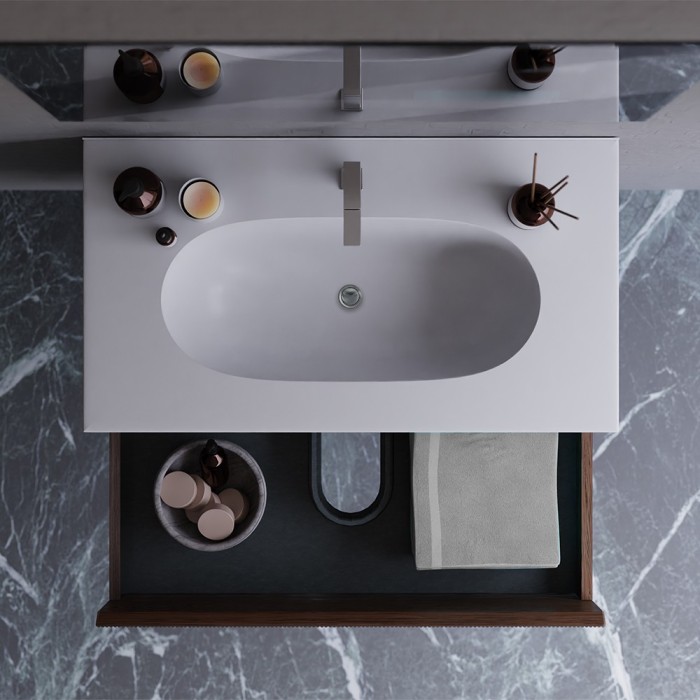 MOBILE BAGNO SOSPESO CON CASSETTI 80 CM NOCE CANNETTATO COMPLETO DI LAVABO E SPECCHIO