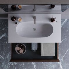 MOBILE BAGNO SOSPESO CON CASSETTI 90 CM NOCE CANNETTATO COMPLETO DI LAVABO E SPECCHIO