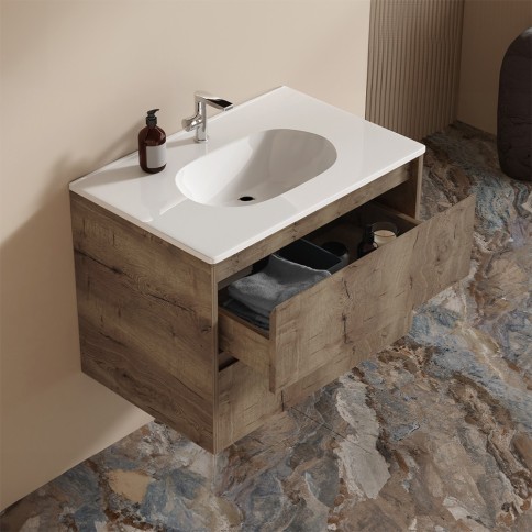 MOBILE BAGNO SOSPESO CON CASSETTI 70 CM TERRA VENATO COMPLETO DI LAVABO E SPECCHIO