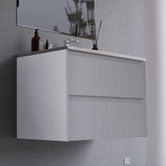 MOBILE BAGNO SOSPESO CON CASSETTI 80 CM BIANCO OPACO CANNETTATO COMPLETO DI LAVABO E SPECCHIO