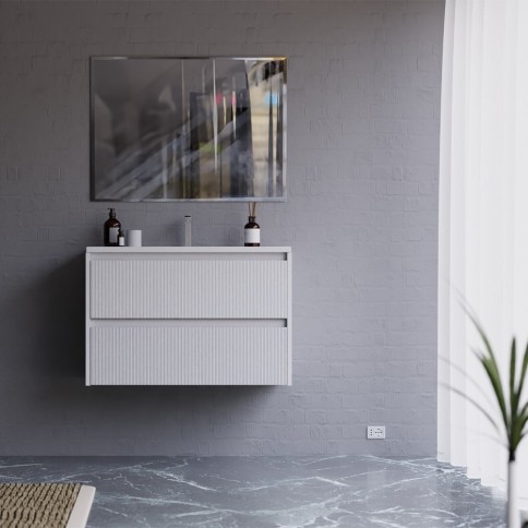 MOBILE BAGNO SOSPESO CON CASSETTI 80 CM BIANCO OPACO CANNETTATO COMPLETO DI LAVABO E SPECCHIO