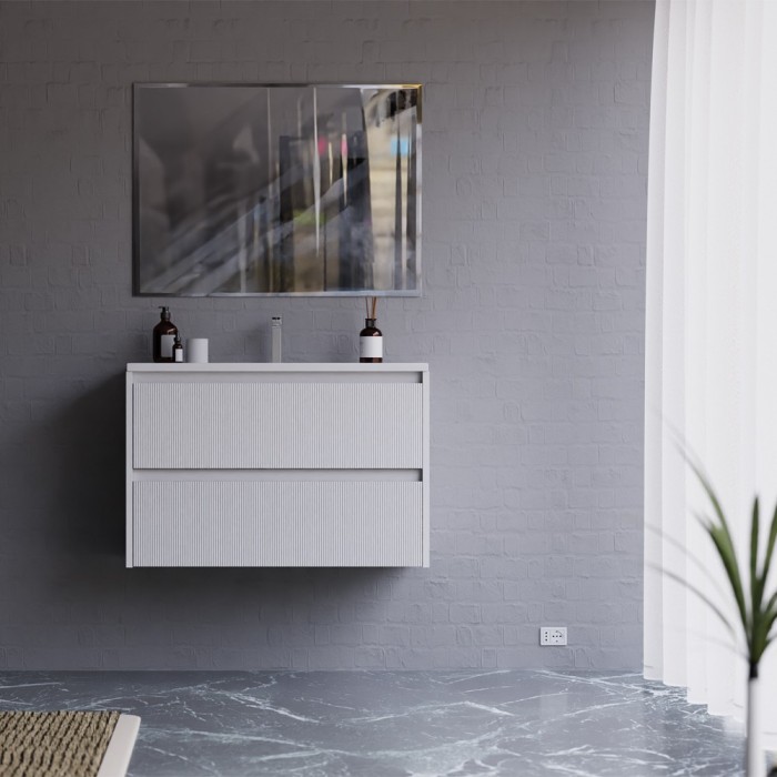 MOBILE BAGNO SOSPESO CON CASSETTI 80 CM BIANCO OPACO CANNETTATO COMPLETO DI LAVABO E SPECCHIO