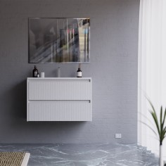 MOBILE BAGNO SOSPESO CON CASSETTI 90 CM BIANCO OPACO CANNETTATO COMPLETO DI LAVABO E SPECCHIO