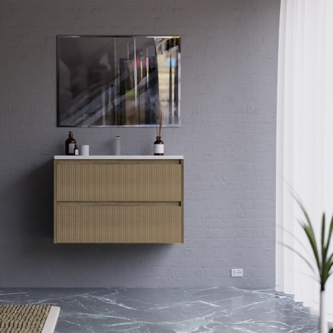 MOBILE BAGNO SOSPESO CON CASSETTI 80 CM ROVERE CANNETTATO COMPLETO DI LAVABO E SPECCHIO