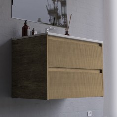 MOBILE BAGNO SOSPESO CON CASSETTI 90 CM ROVERE CANNETTATO COMPLETO DI LAVABO E SPECCHIO