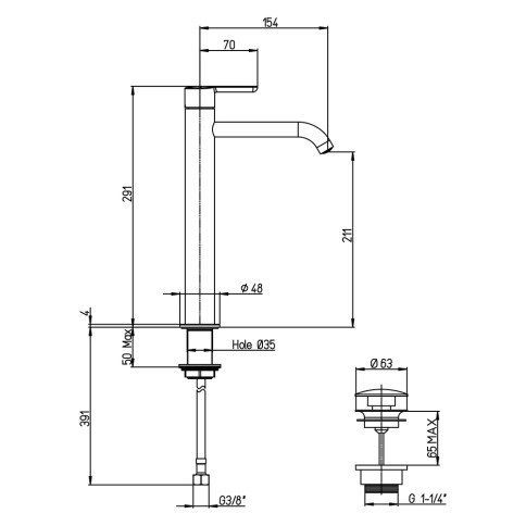 Miscelatore lavabo alto senza scarico cromato t3 trenta paini