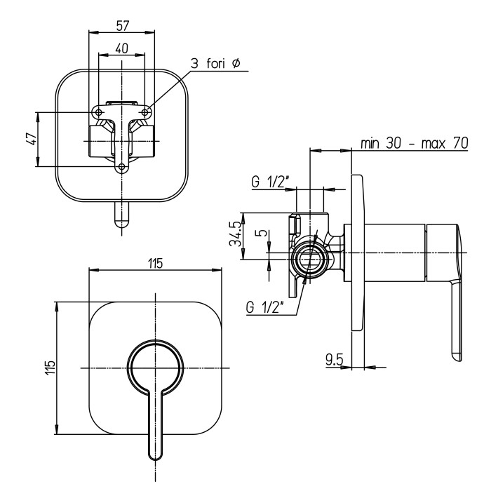 Miscelatore incasso doccia cromato t3 trenta paini