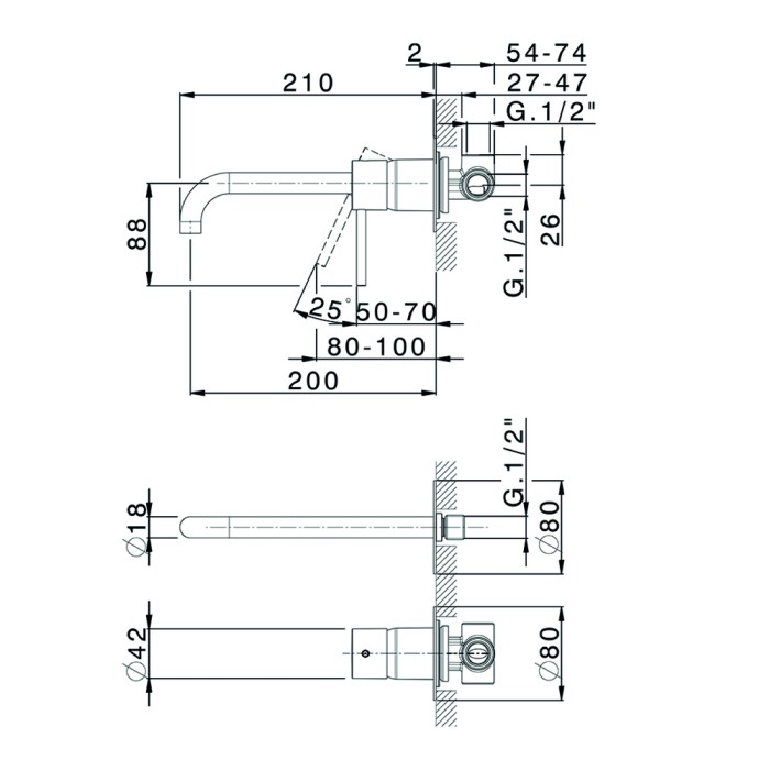 Miscelatore lavabo incasso bocca 200 mm cromato nuova kiruna huber