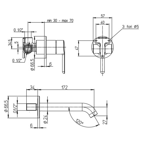 Miscelatore lavabo incasso cromato t3 trenta paini