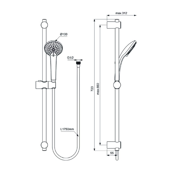 Asta doccia saliscendi monogetto in metallo cromato rain 3 ideal standard